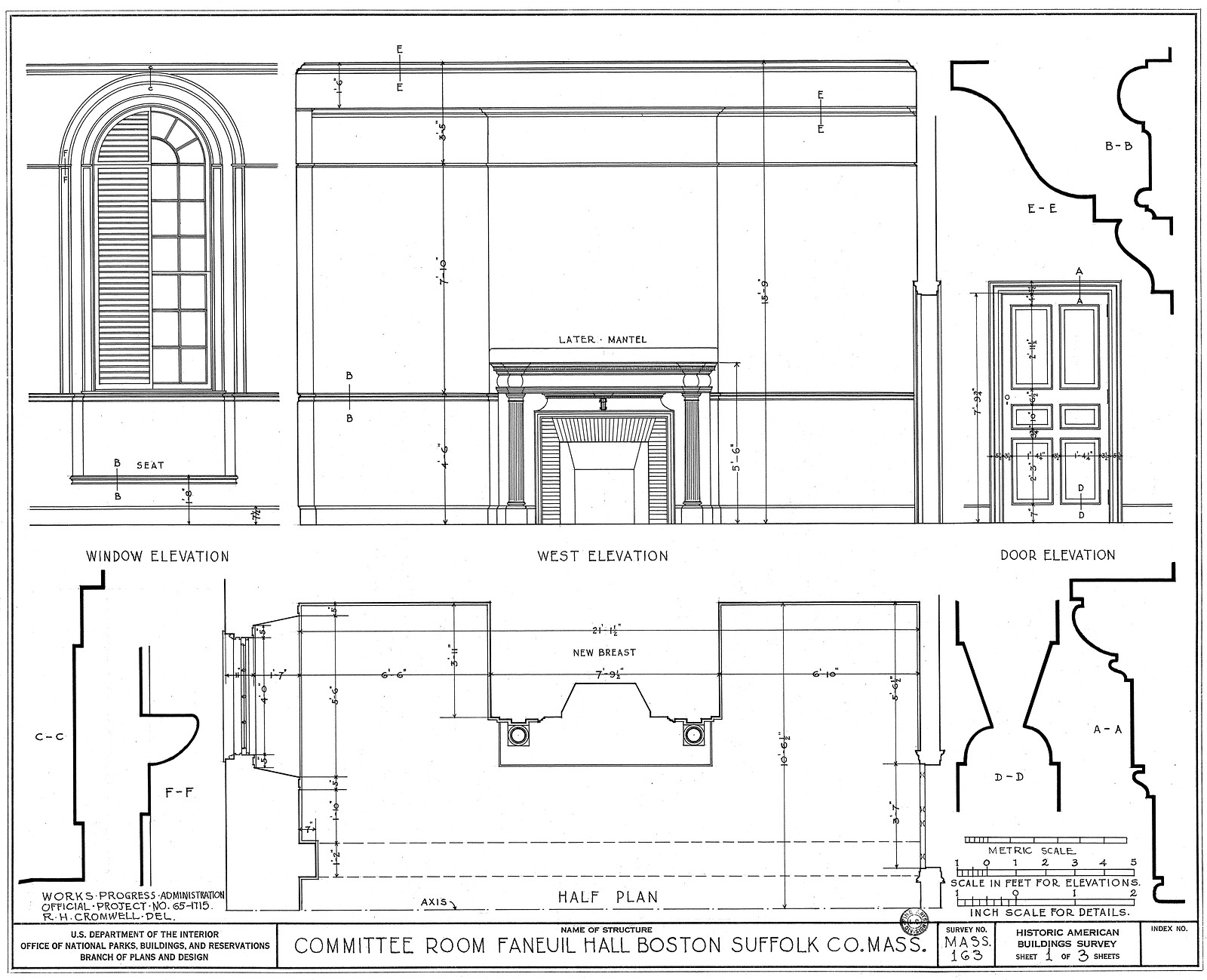 Committee Room, Faneuil Hall, Boston: HABS architectural drawing elevations and plan — historic drawing