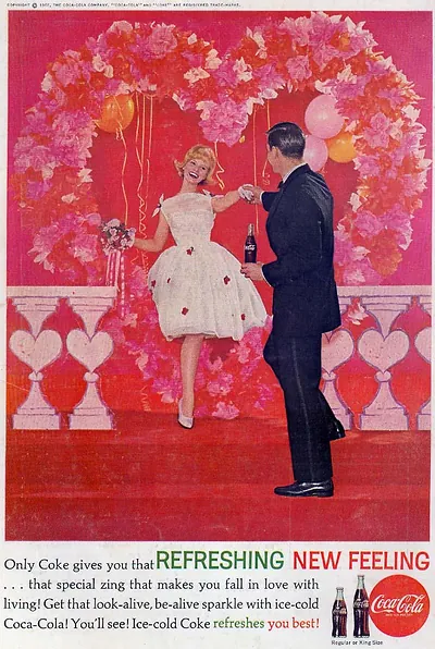 Coca-Cola advertisement: Refreshing New Feeling, couple at heart-shaped backdrop