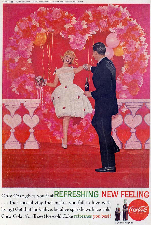 Coca-Cola advertisement: Refreshing New Feeling, couple at heart-shaped backdrop — historic image