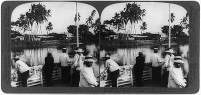 Way down on Babahoyo river, hacienda of a rich planter, seen from a passing steamer, Ecuador