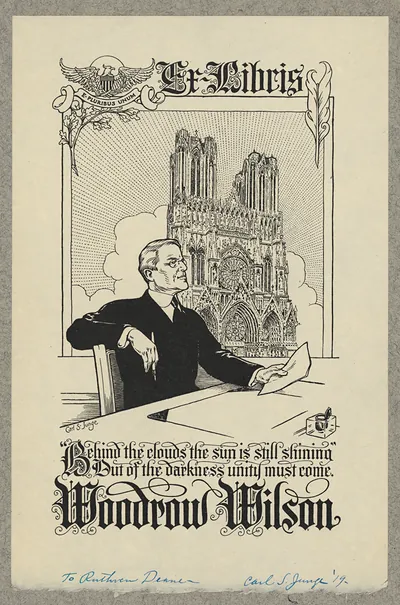 Ex Libris bookplate of Woodrow Wilson, signed Carl S. Junge