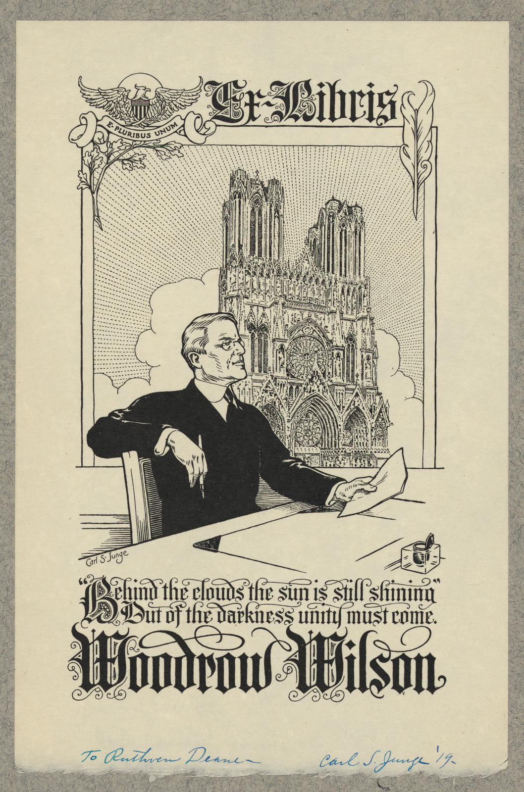 Ex Libris bookplate of Woodrow Wilson, signed Carl S. Junge — historic image