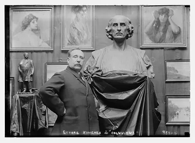 Ettore Ximenes with his Columbus statue in studio