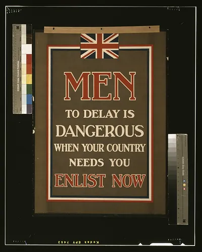 Men, to delay is dangerous when your country needs you. Enlist now / printed by Roberts & Leete Ltd., London.