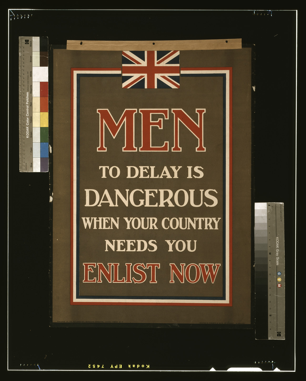 Men, to delay is dangerous when your country needs you. Enlist now / printed by Roberts & Leete Ltd., London., London : Parliamentary Recruiting Committee, [1915] — vintage poster