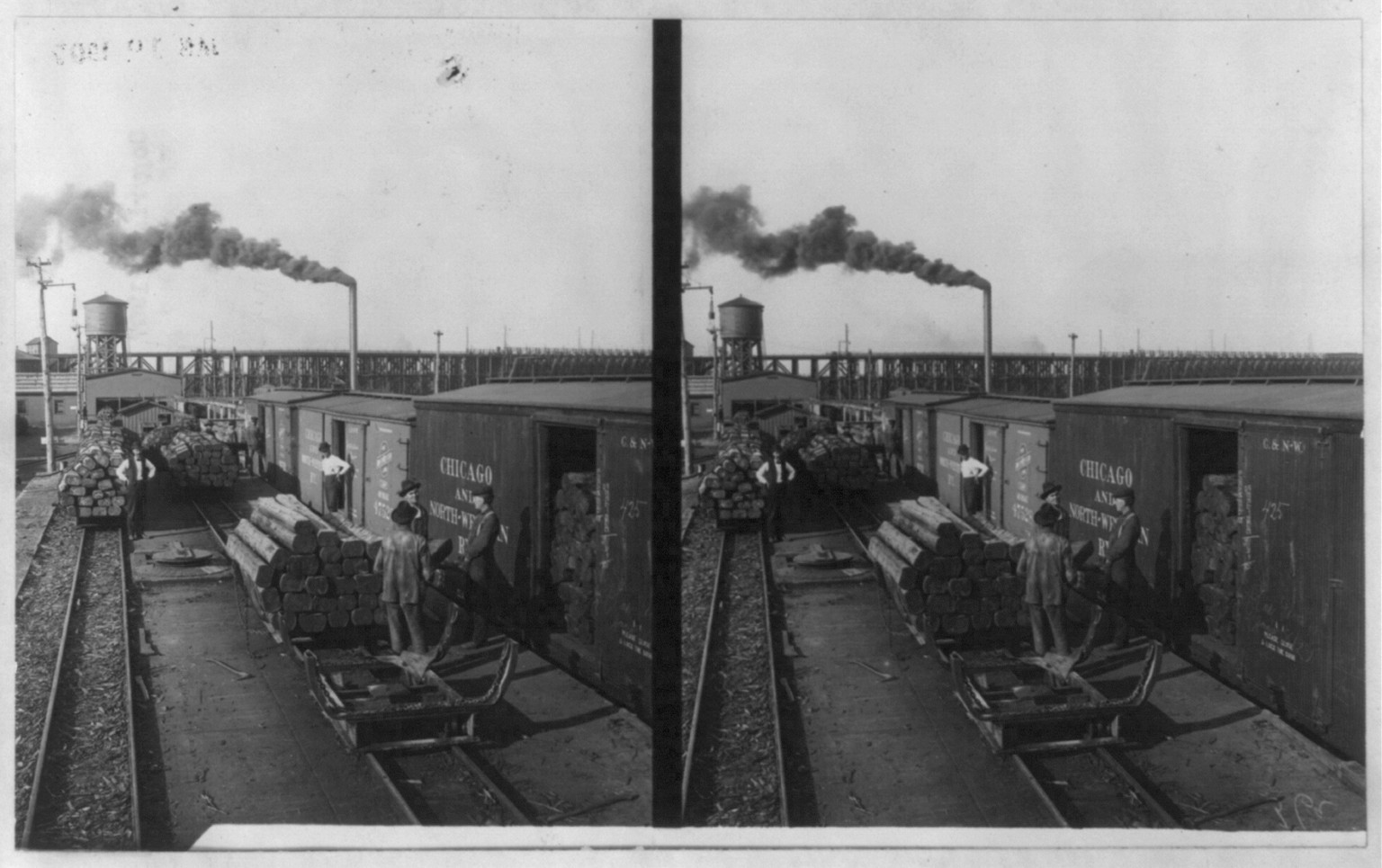 [Train of the Chicago and North-Western Railway carrying logs in an unidentified yard], c1907. — historic photograph