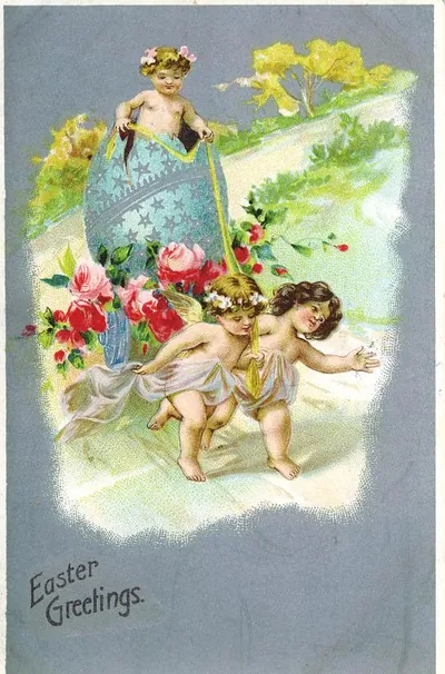 Easter Greetings postcard with cherubs and a painted egg
