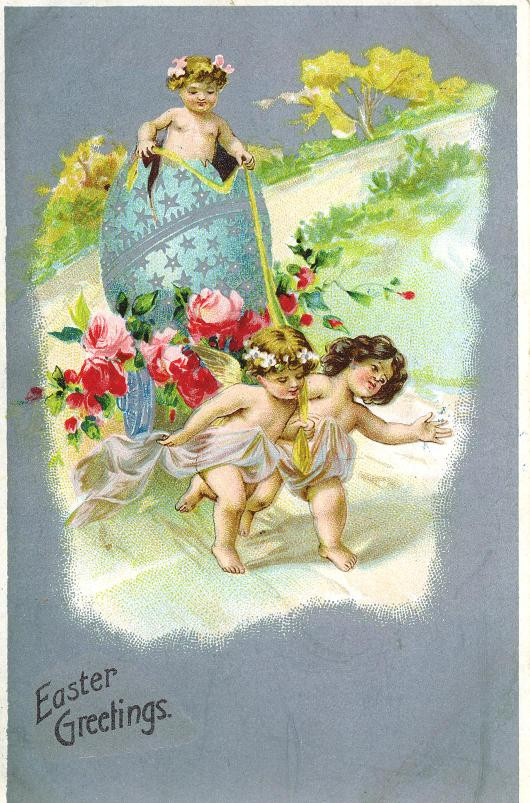 Easter Greetings postcard with cherubs and a painted egg — vintage postcard
