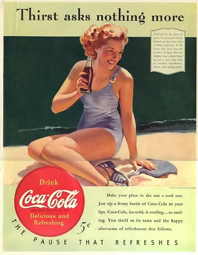 Thirst asks nothing more Coca-Cola advertisement with woman on beach