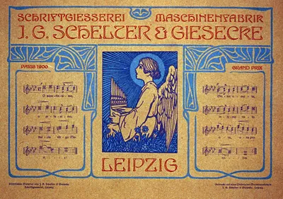 [Advertisement in German for printers J.G. Shelter and Giesecke illustrated with angel at organ and 16 bars of music]