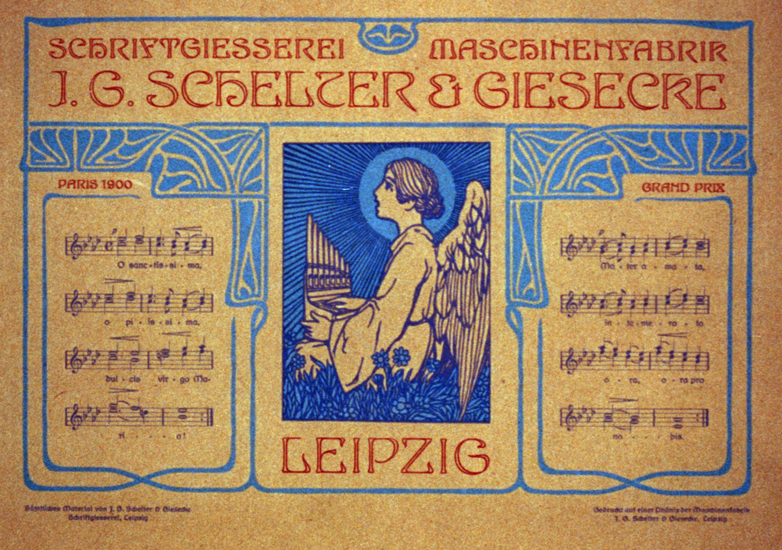 [Advertisement in German for printers J.G. Shelter and Giesecke illustrated with angel at organ and 16 bars of music], [between 1875 and 1890] — antique lithograph