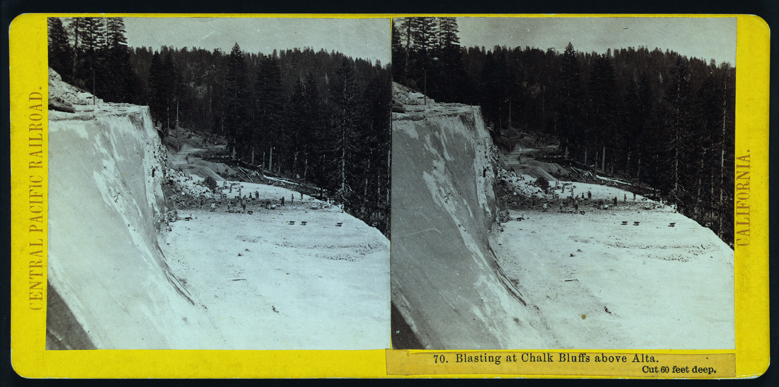 Blasting at Chalk Bluffs above Alta. Cut 60 feet deep, 1865 — historic photograph