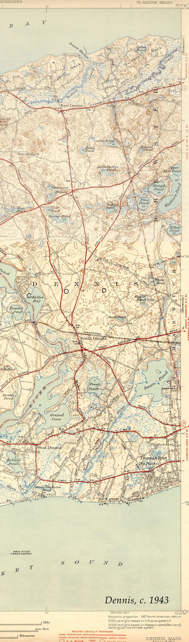 Dennis, Massachusetts USGS topographic map, 1943, 1943 — antique map