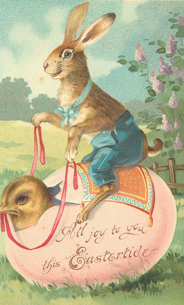Easter greeting card: rabbit riding egg with chick — historic image