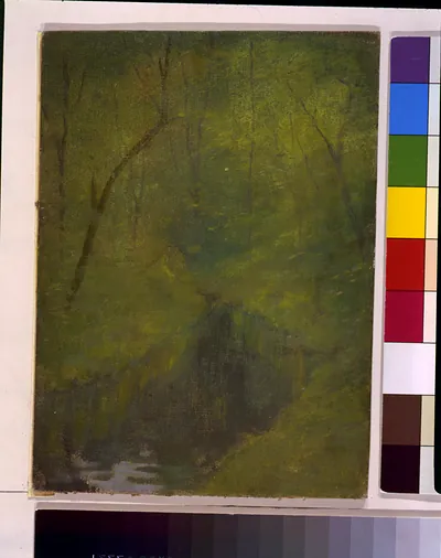 Wooded stream landscape in green tones