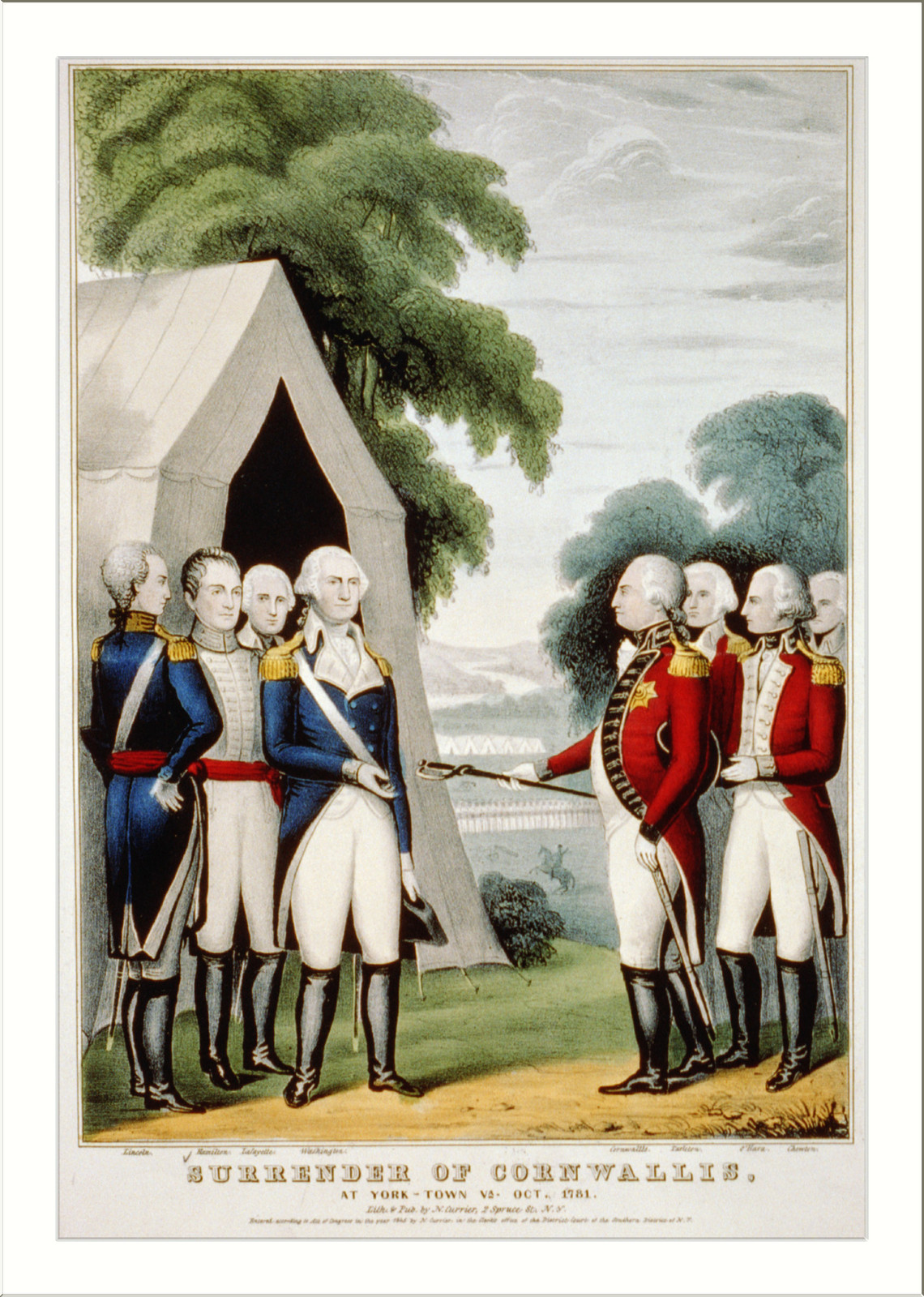 Surrender of Cornwallis: at York-Town Va. Oct. 1781, New York : Published by N. Currier, c1845. — antique lithograph