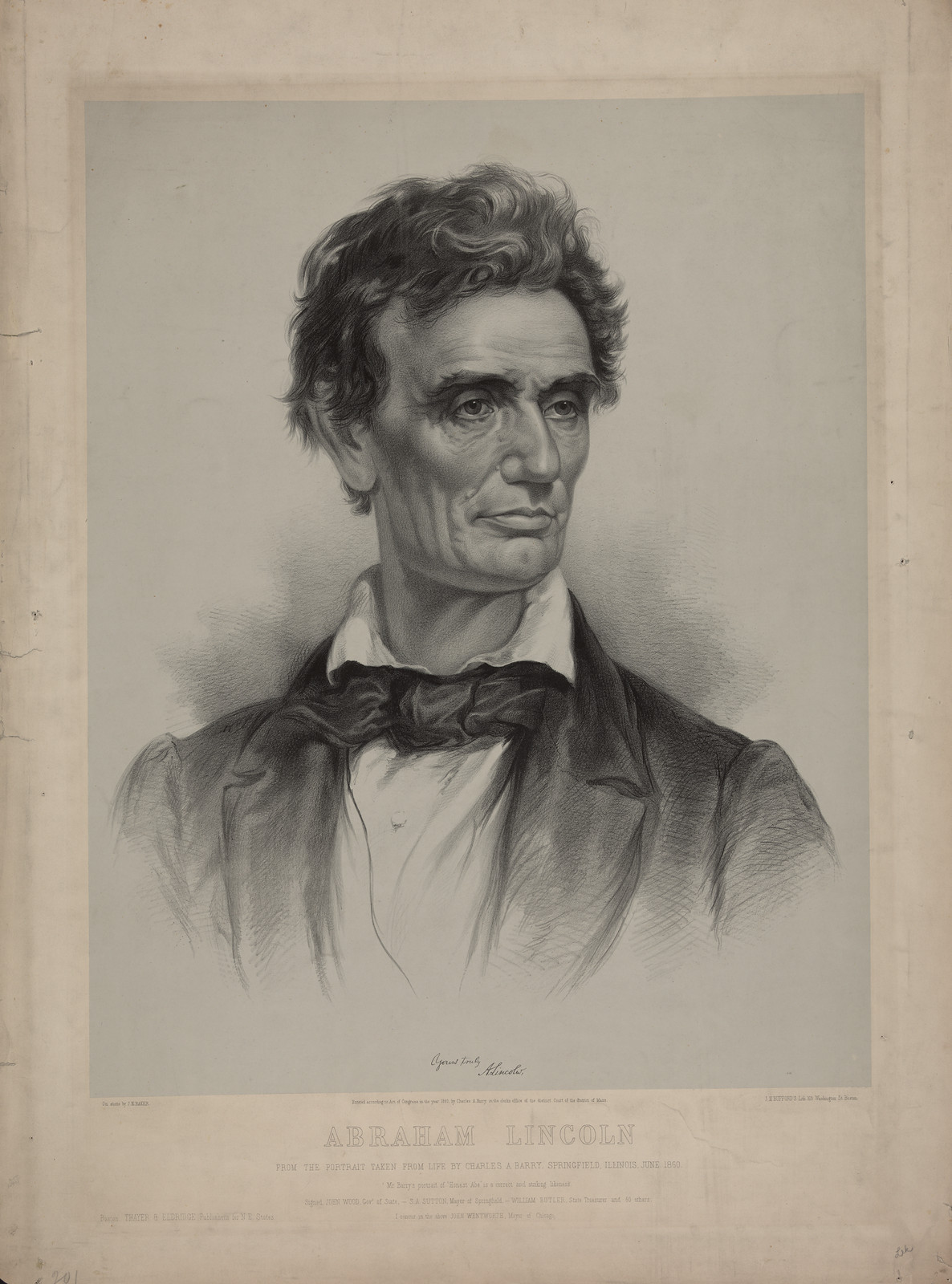 Abraham Lincoln From A Portrait Taken From Life By Charles A. Barry, Springfield, Illinois, June 1860, c. 1860 — antique lithograph