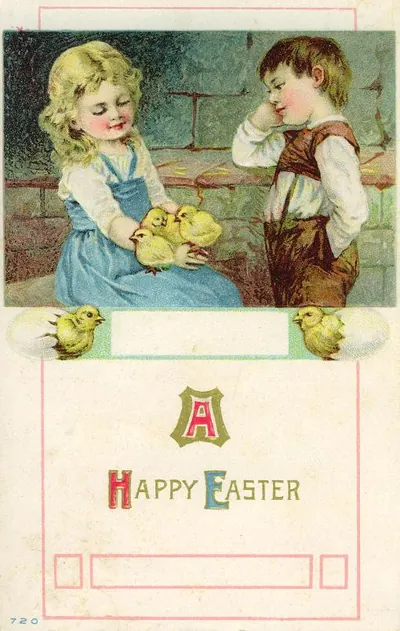 Happy Easter postcard with girl, boy and chicks