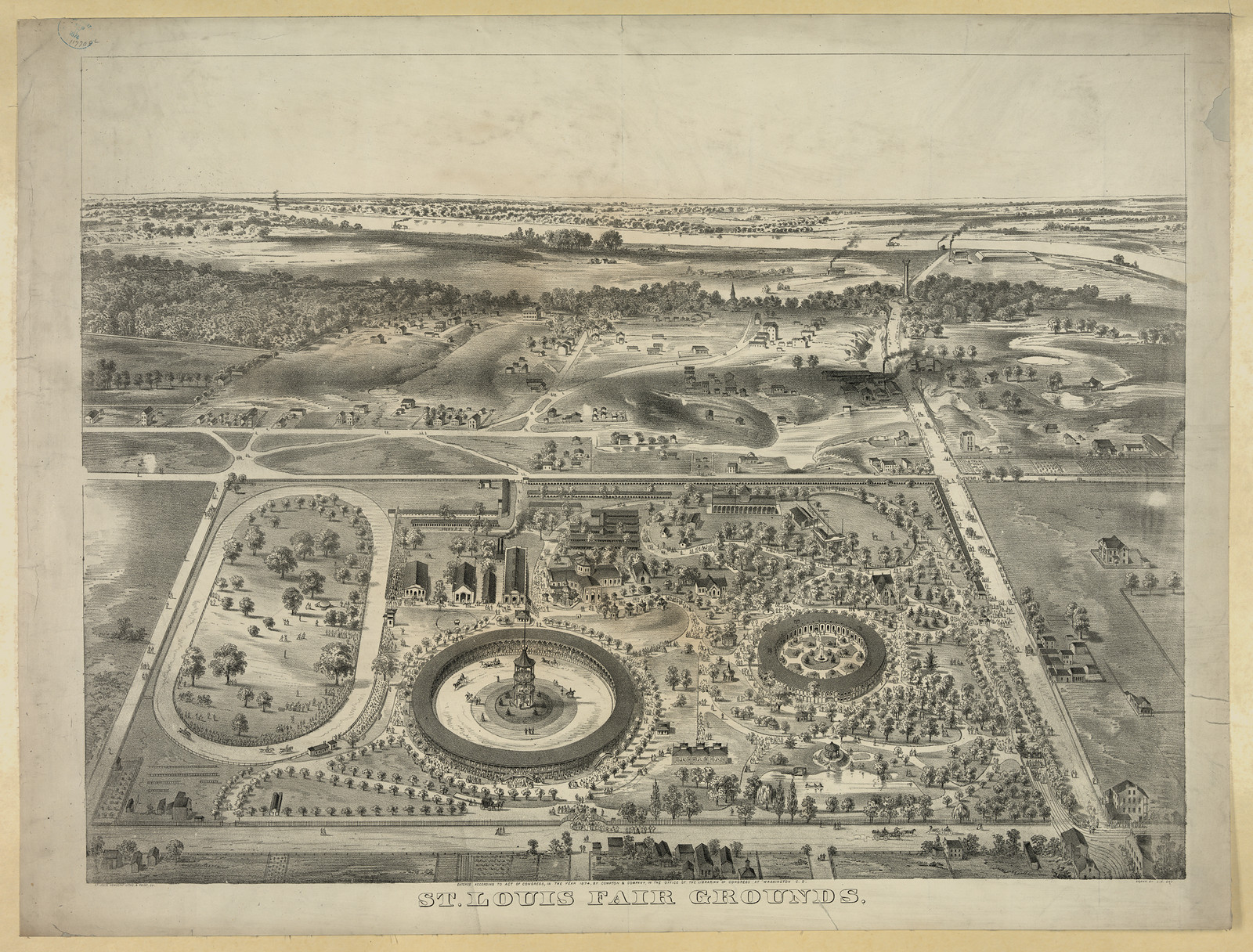 St. Louis Fair Grounds, bird's-eye lithograph view — antique lithograph