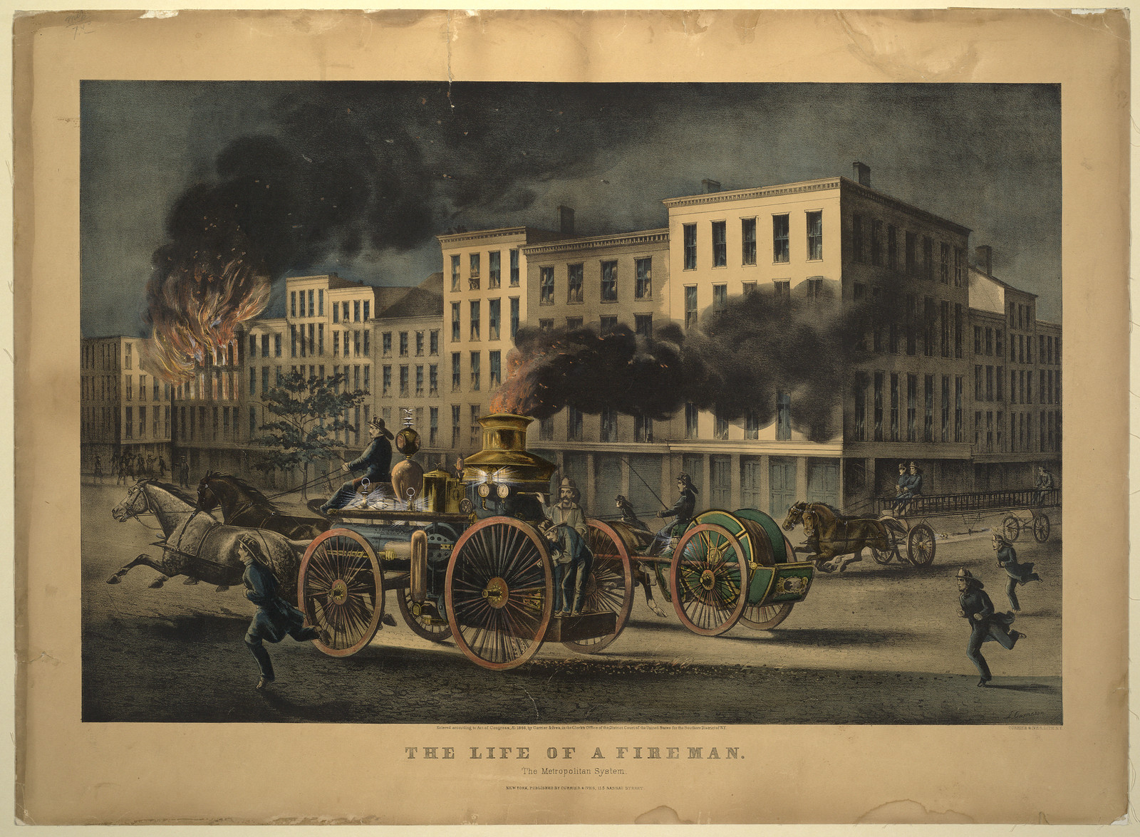 The life of a fireman: the metropolitan system, New York : Published by Currier & Ives, 115 Nassau Street, c1866. — antique lithograph