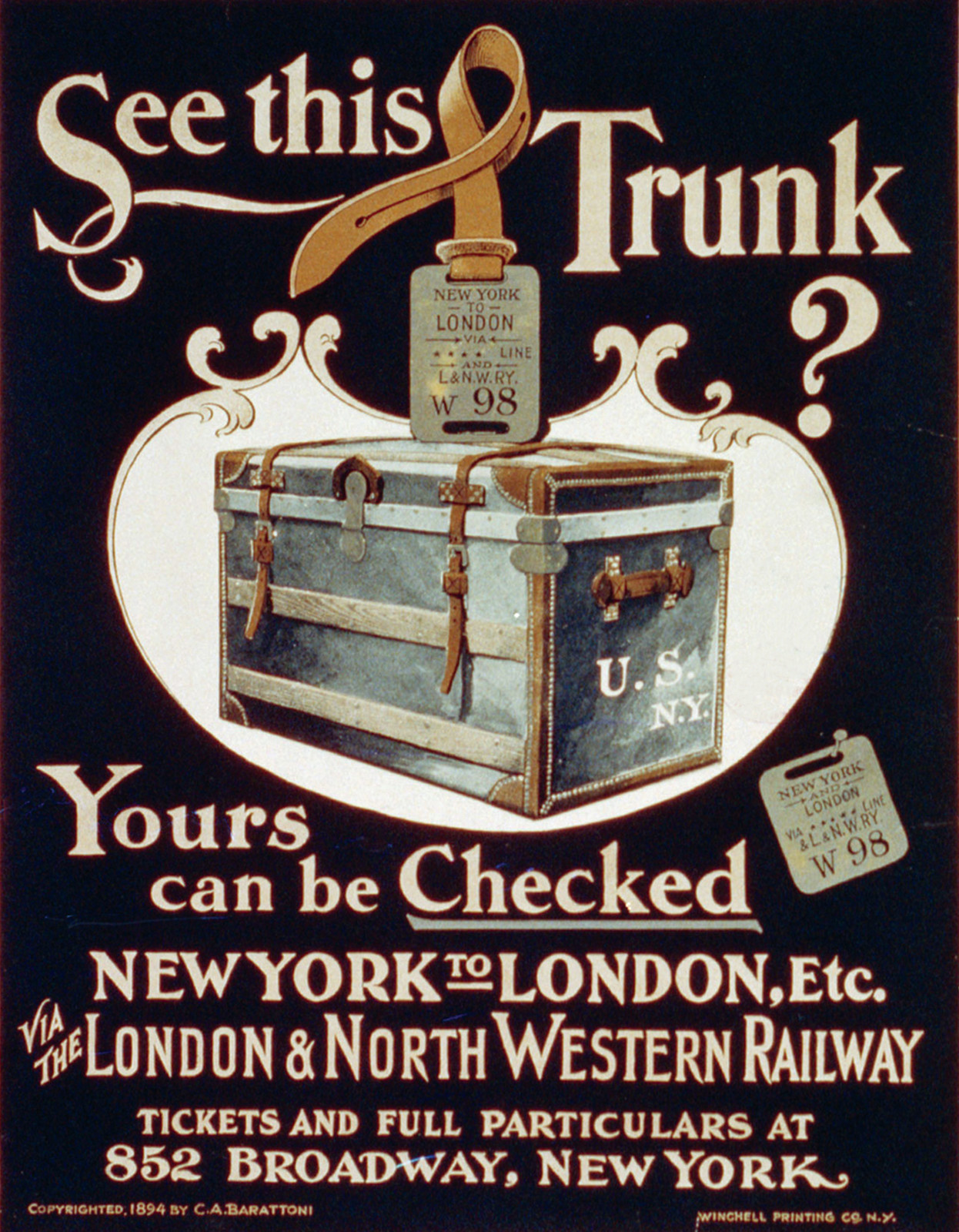 See this Trunk? Yours can be checked New York to London, etc., via the London & North Western Railway, New York : Winchell Printing Co., 1894. — vintage poster