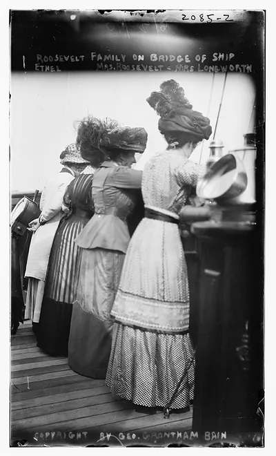 Roosevelt on bridge of ship; Ethel, Mrs. Roosevelt, Mrs. Longworth