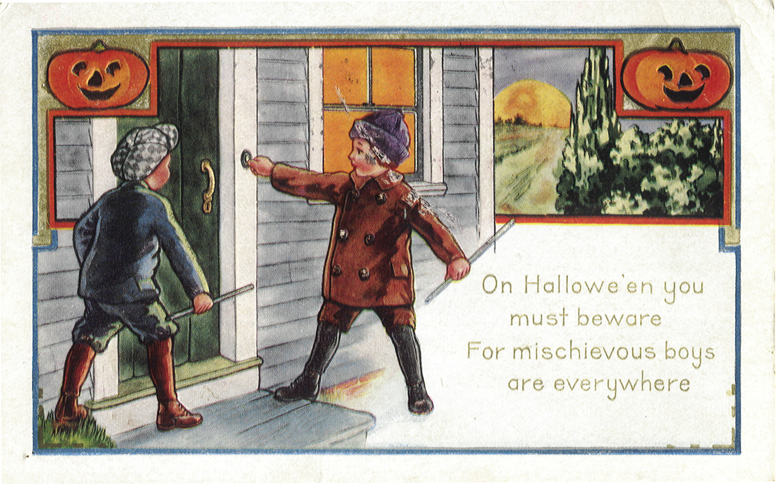Halloween postcard of boys at a door with verse — vintage postcard