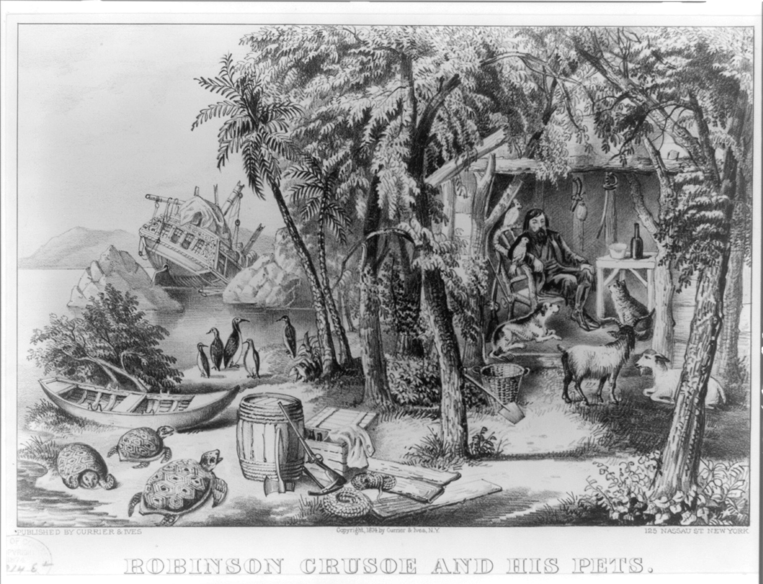 Robinson Crusoe and his pets, New York : Published by Currier & Ives, c1874. — antique lithograph
