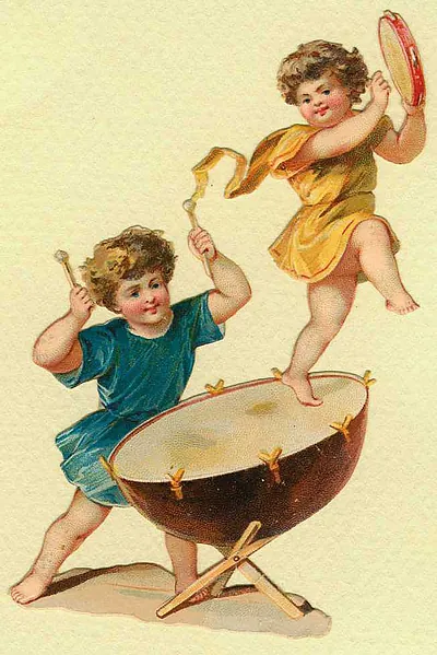 Two cherub children playing drum and tambourine