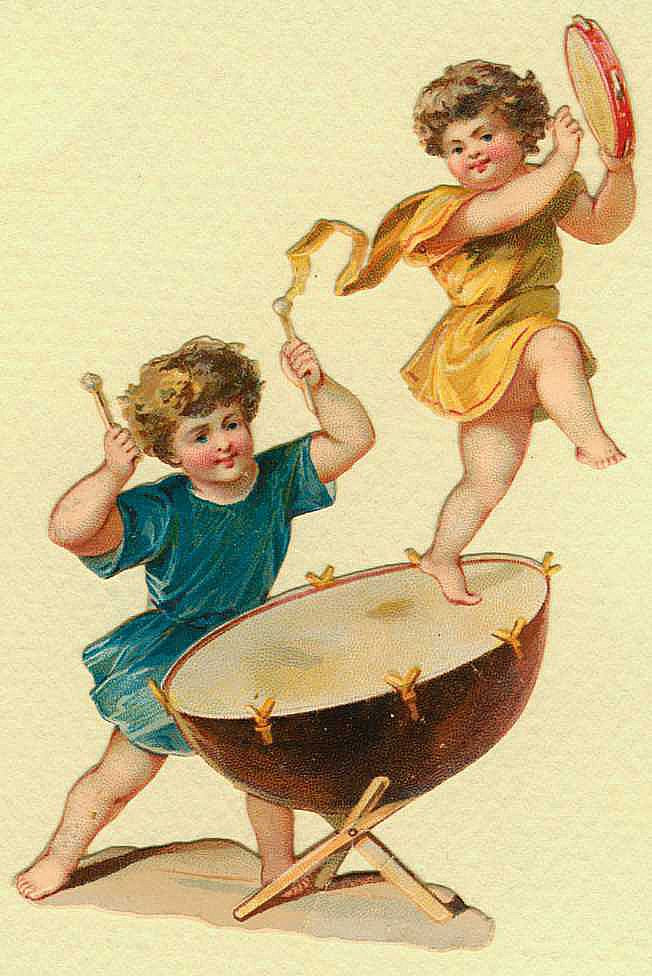 Two cherub children playing drum and tambourine — historic image