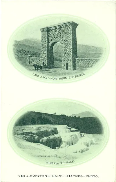 Yellowstone Park postcard: Lava Arch Northern Entrance and Minerva Terrace
