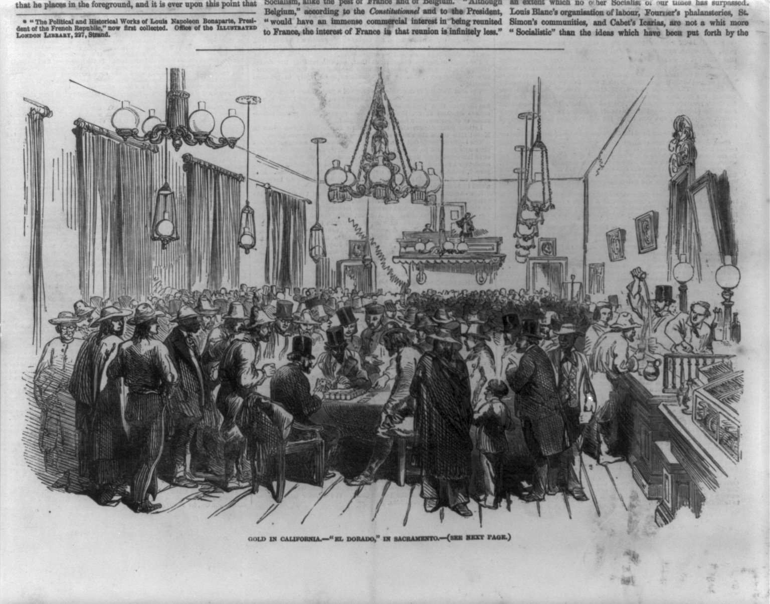 Gold in California - El Dorado in Sacramento, 1852 — antique engraving