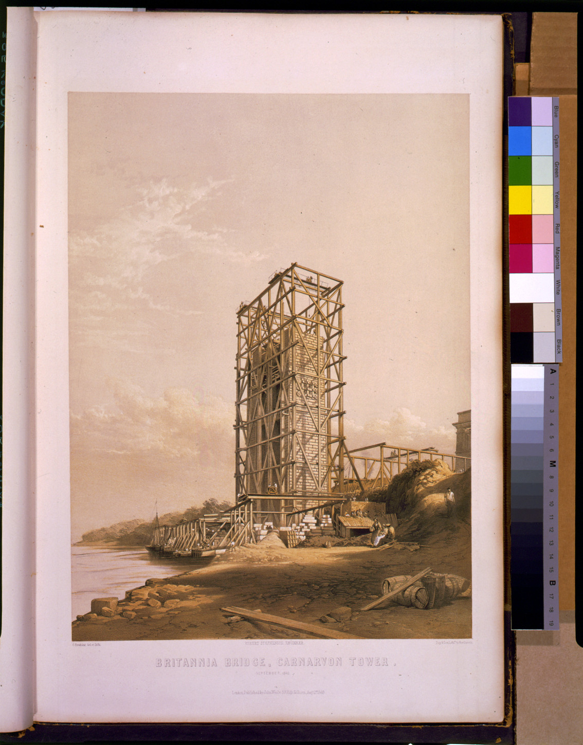 Britannia Bridge--Carnarvon Tower, September 1848 / G. Hawkins, del. et lith. ; Day & Son lithrs. to the queen., London : Published for the author, 1849. — antique lithograph