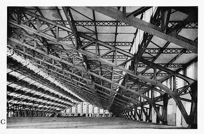 Steel-trussed interior of a large market hall