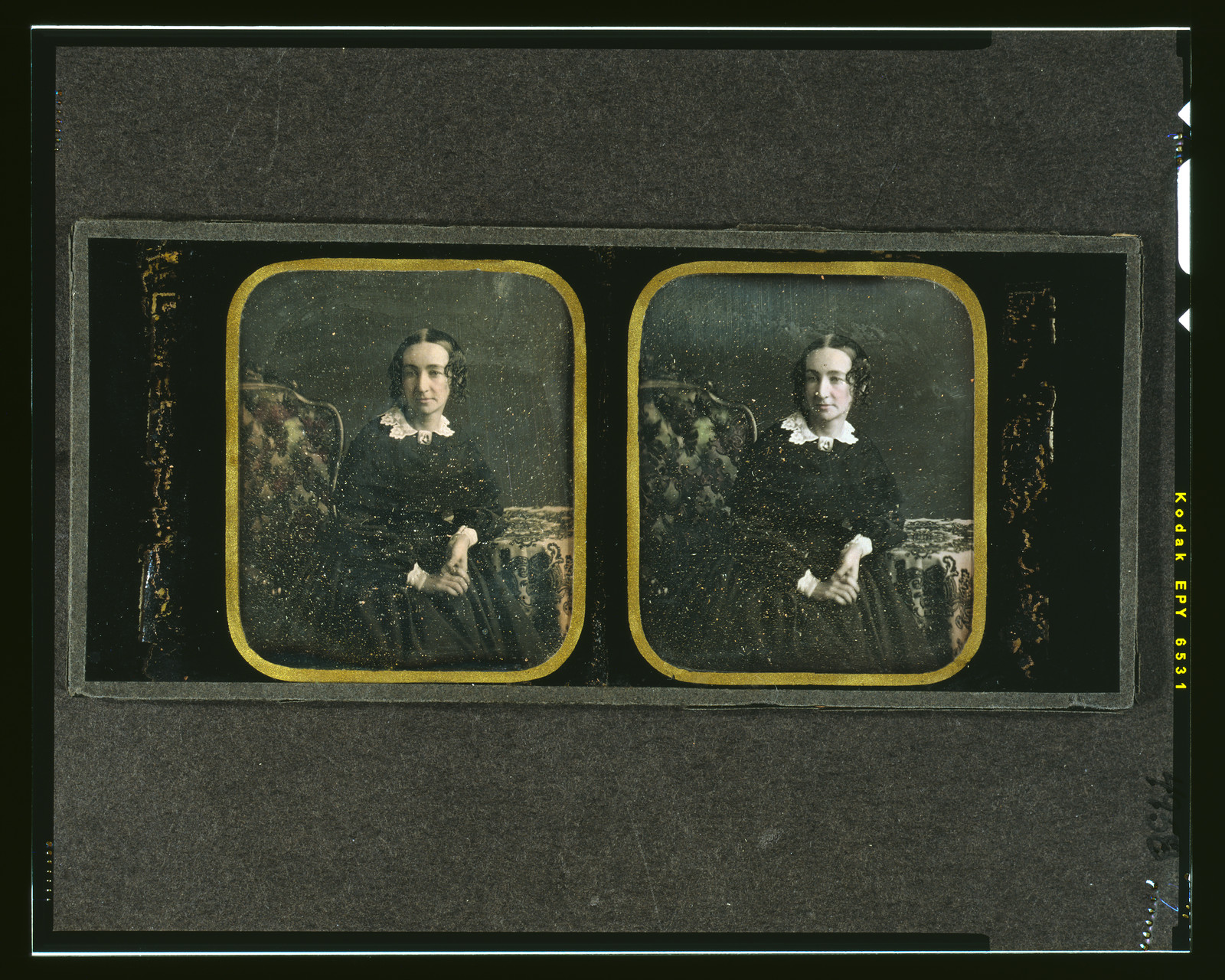 [Agnes Y. McAllister, three-quarters length, seated in ornate chair, with arm resting on table with tablecloth], 1853 Dec. — historic photograph