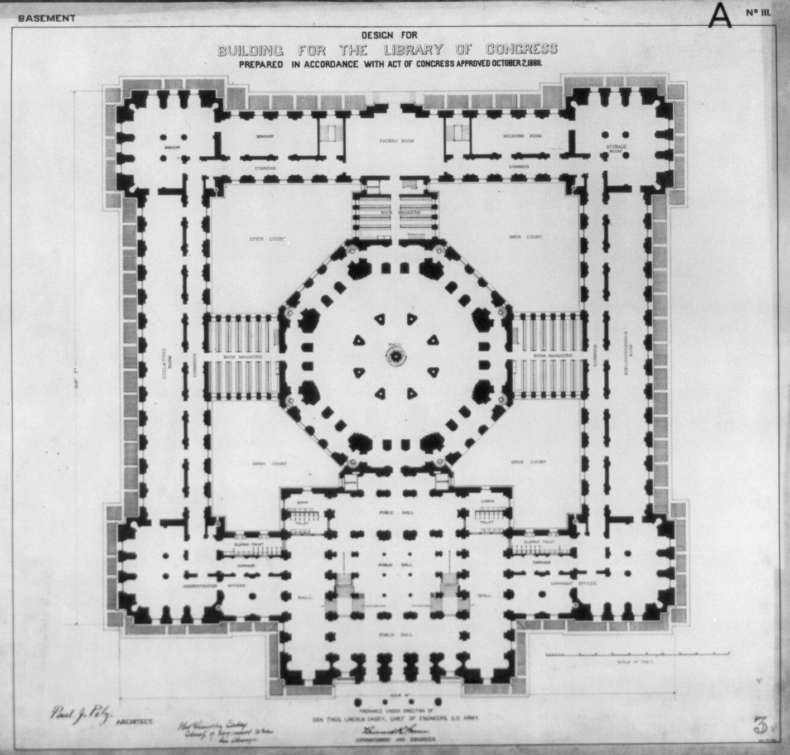 [Library of Congress, Washington, D.C. Basement plan, A series], and Engineering (ADE) Drawings" (http://www.loc.gov/rr/print/res/103_ade.html)." — historic drawing
