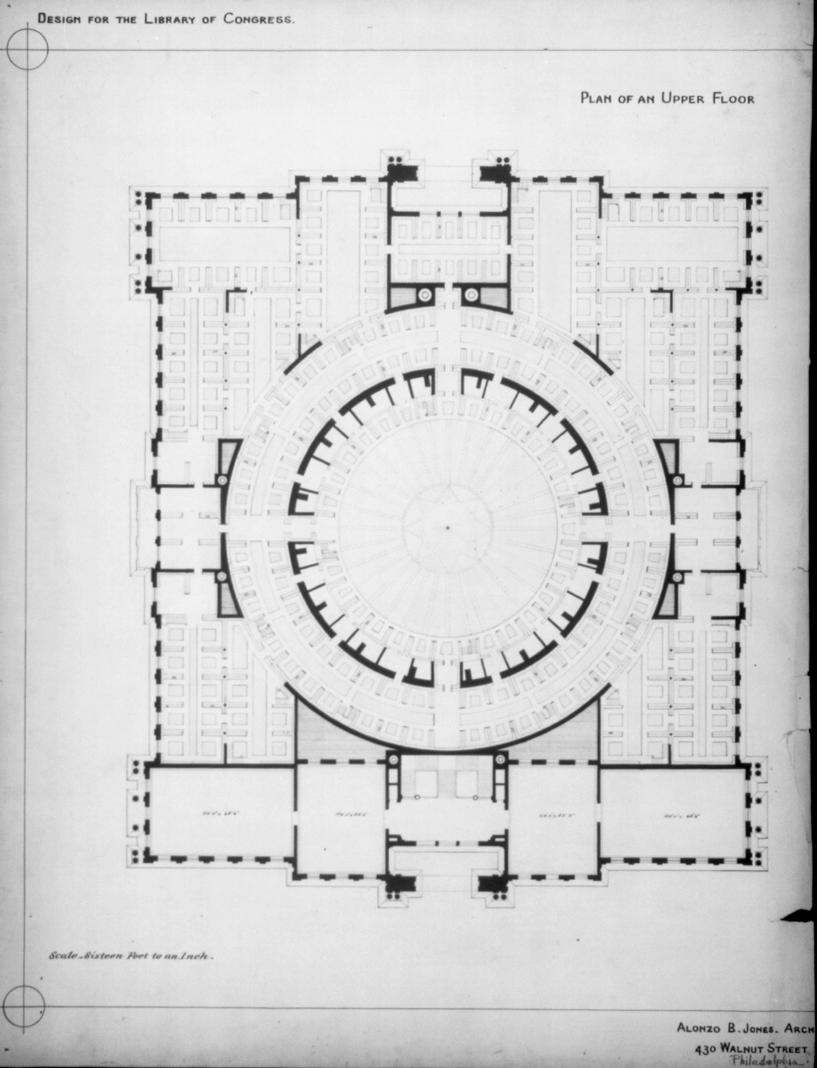 [Library of Congress, Washington, D.C. Plan of an upper floor], and Engineering (ADE) Drawings" (http://www.loc.gov/rr/print/res/103_ade.html)." — historic drawing