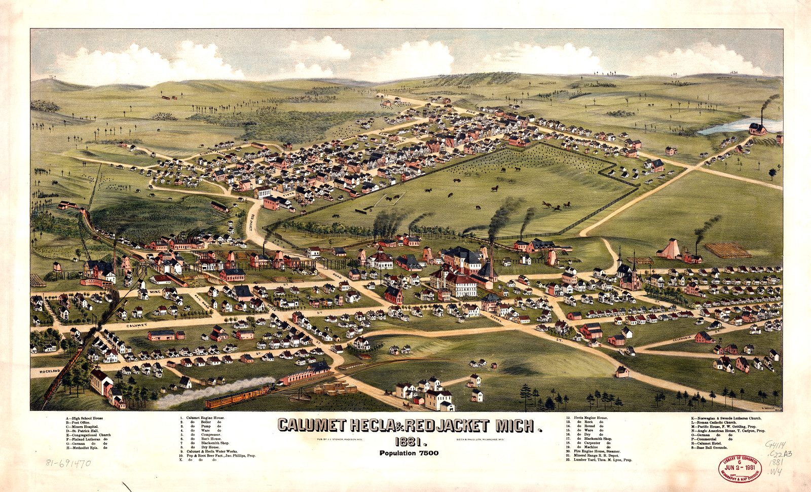 Calumet Hecla Red Jacke, Michigan, 1881 — antique map