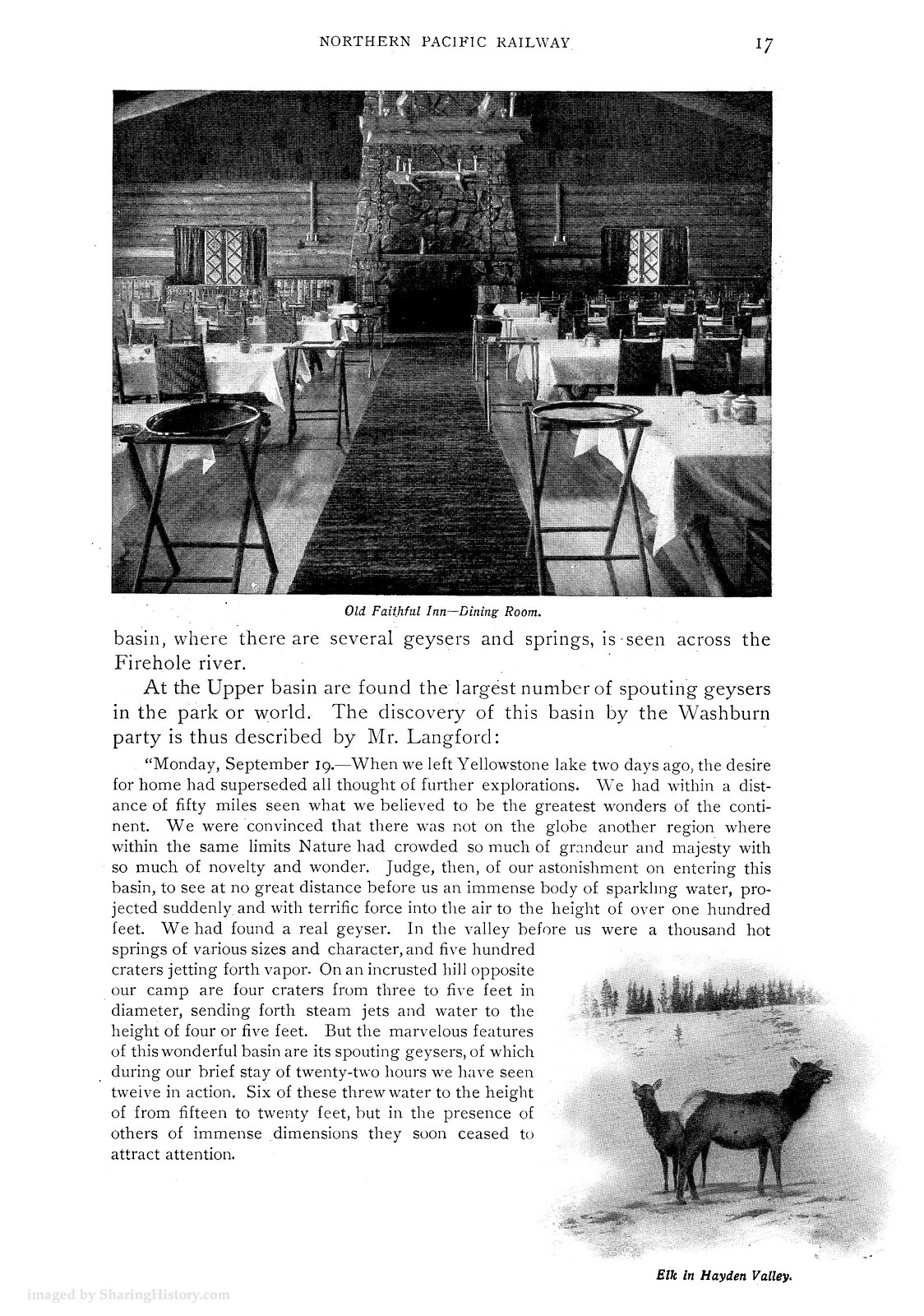 Northern Pacific Railway page 17: Old Faithful Inn dining room and elk — historic image