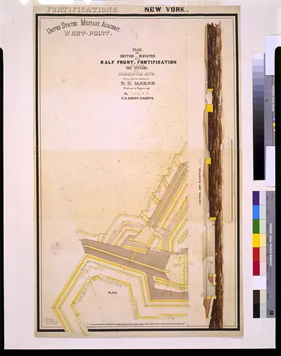 [United States Military Academy (West Point, New York) Fortification. Plan, section, and elevation / drawn under the direction of D.H. Mahan, Professor of Engineering ; by Orlando M. Poe, U.S. Corps Cadets.