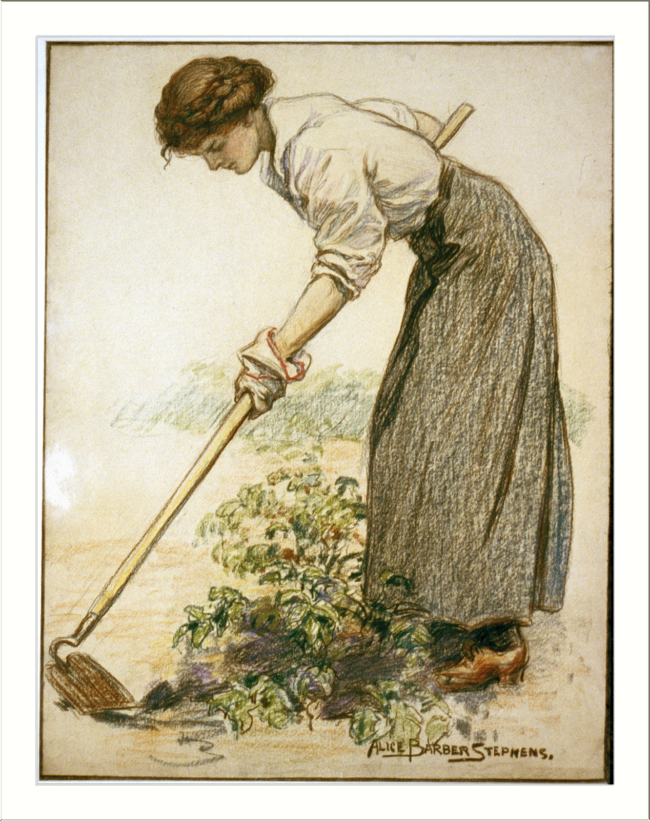 Woman hoeing crops, colored pencil drawing, signed Alice Barber Stephens — historic drawing