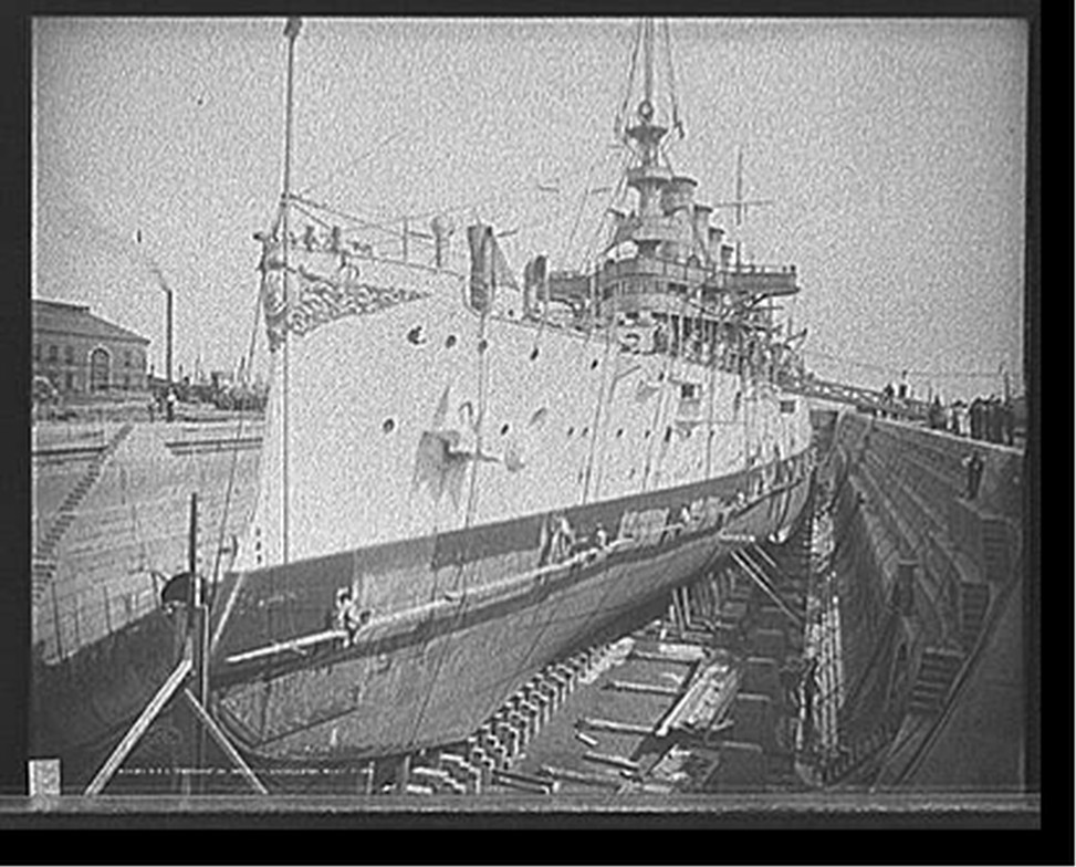 U.S.S. Maryland in dry dock, Charelston [sic] Navy Yard, c1905. — historic photograph