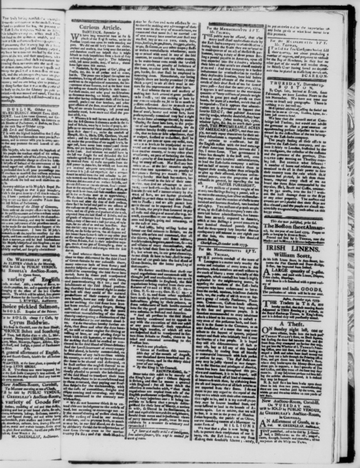 [Page 2 of The Massachusetts Spy, Dec. 23, 1773. Newspaper tells of the Boston Tea Party] — historic image