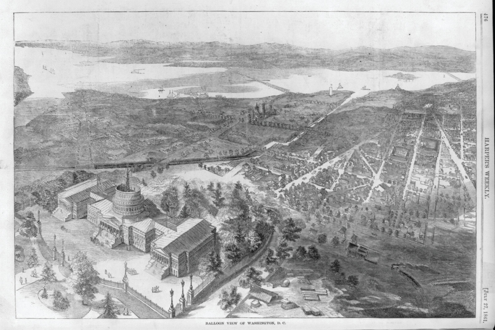 Balloon view of Washington, D.C. [with U.S. Capitol in foreground], 1861 — antique engraving