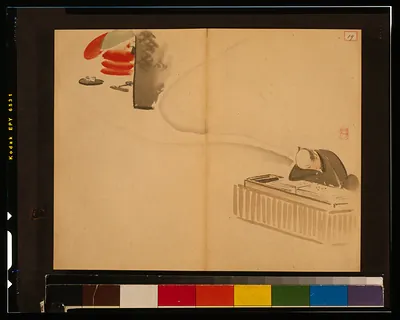 Ink sketch of a red parasol and writing box