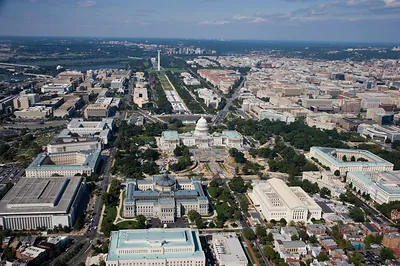 Aerial view of the U.S. Capitol and surrounding Washington, D.C.