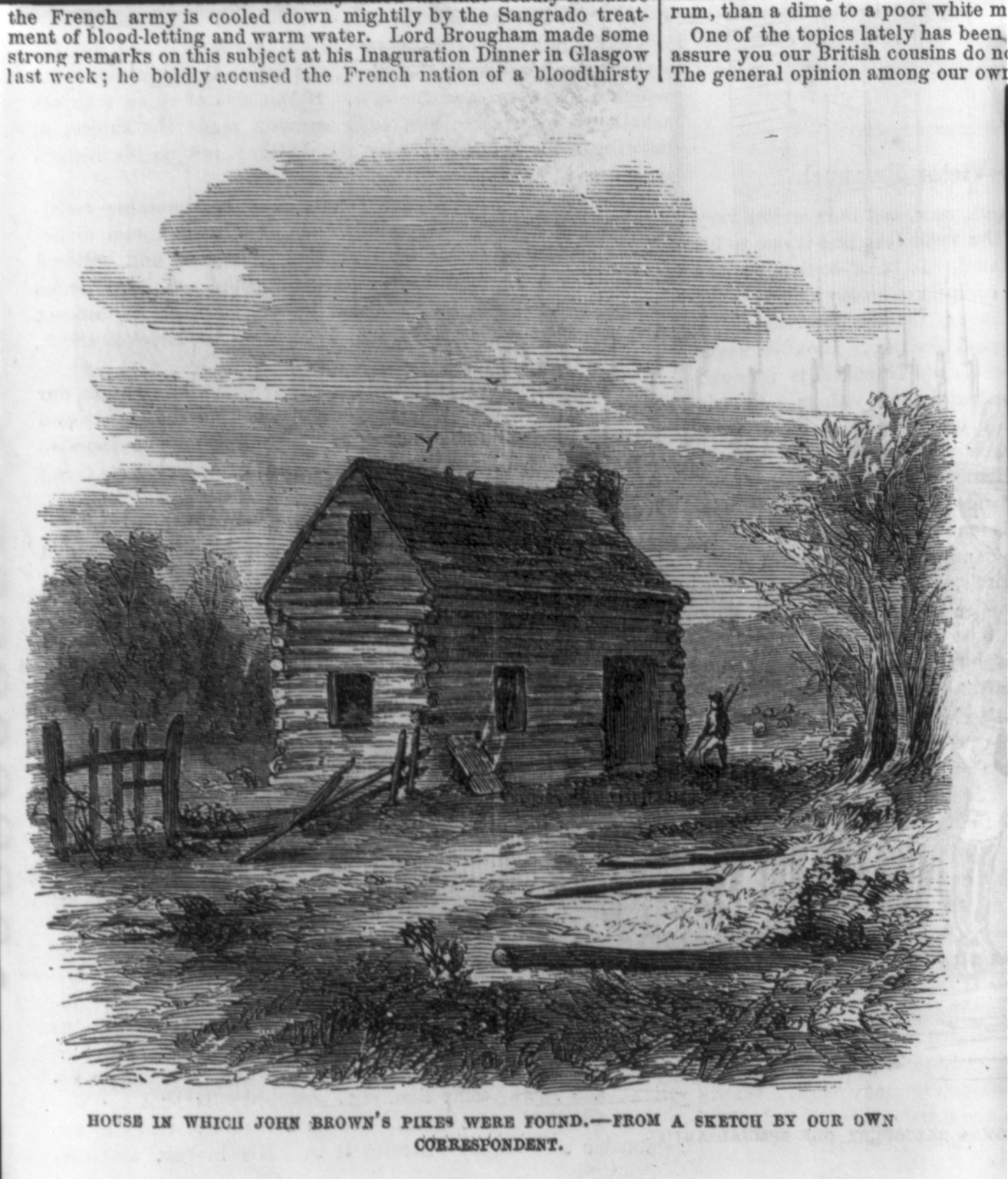 House in which John Brown's pikes were found, 1859 — antique engraving