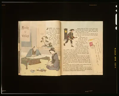 Open book spread: Books & Writing, with Japanese-style illustrations