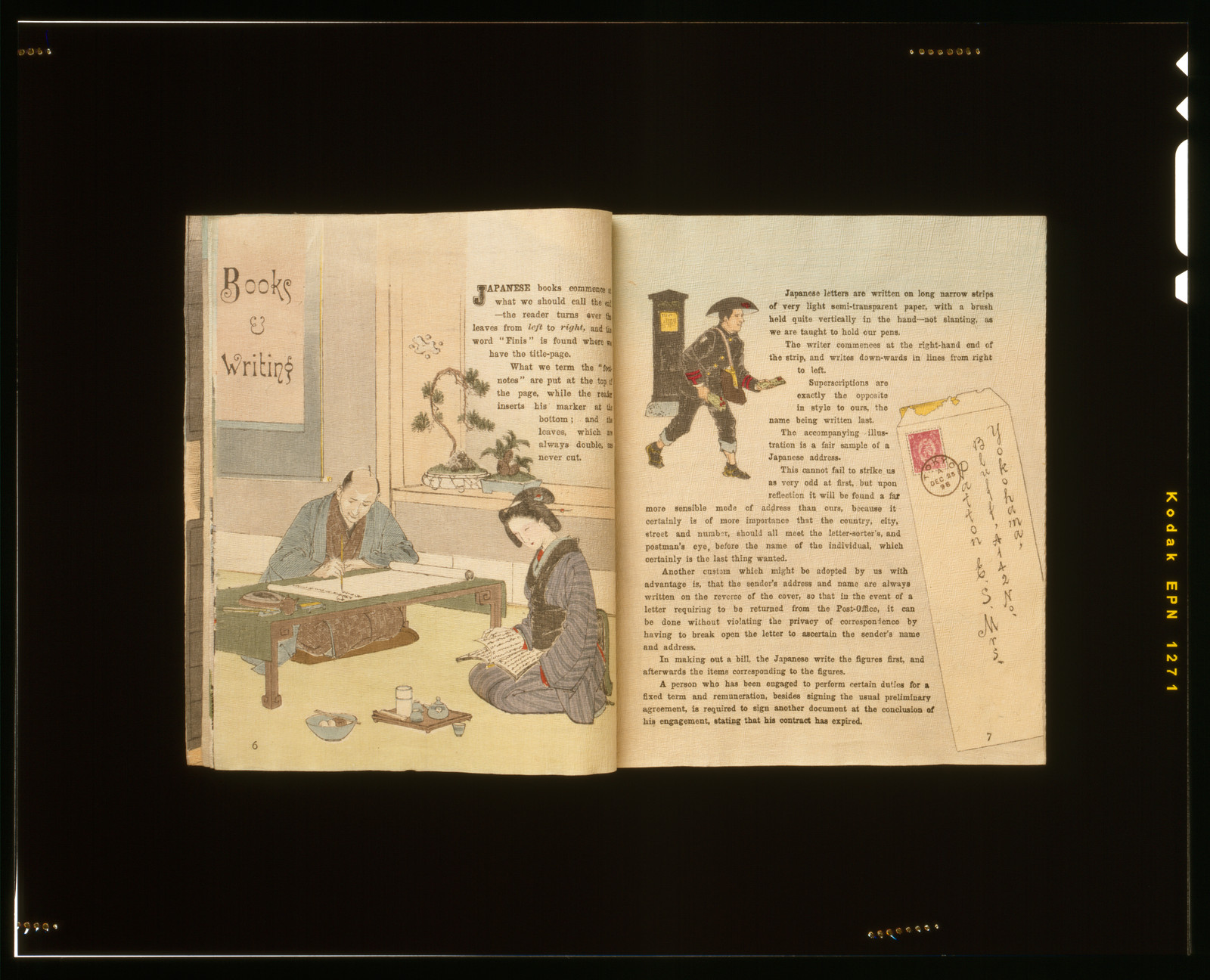 Open book spread: Books & Writing, with Japanese-style illustrations — historic print