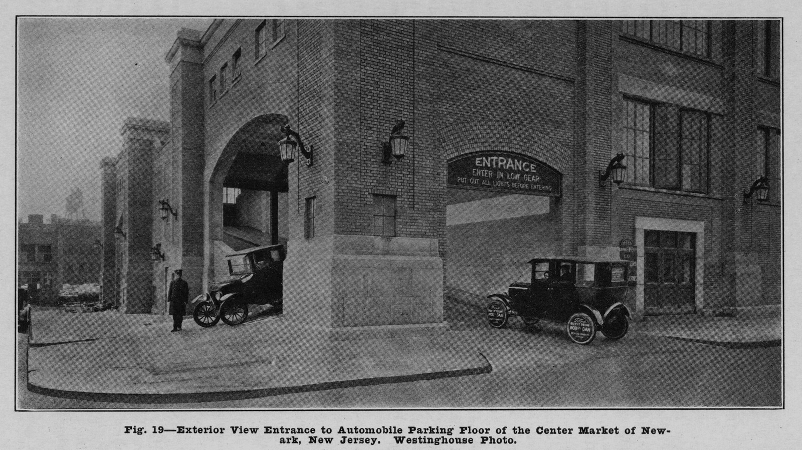 Exterior view entrance to automobile parking floor, Center Market — historic image